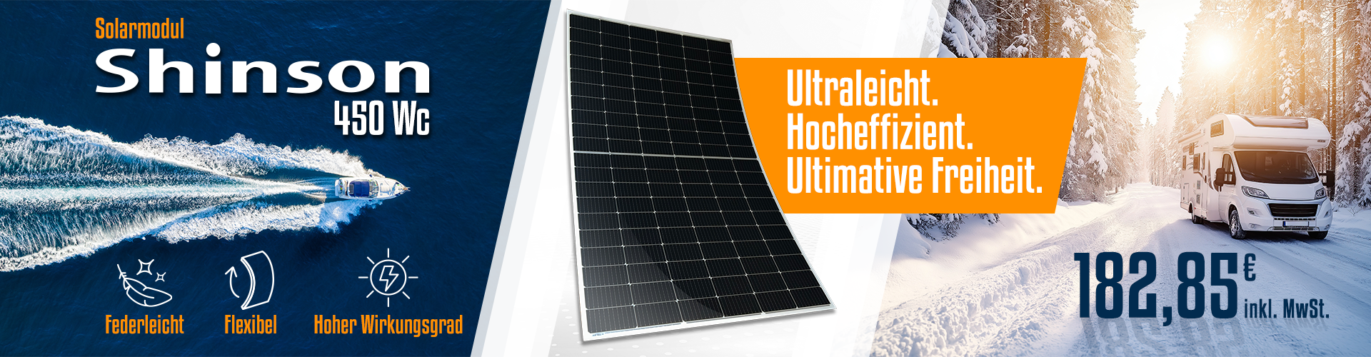 Shinson-Solarpanel: federleicht, flexibel. Ein ultraleichter, leistungsstarker Vorteil für ultimative Freiheit zum Preis von 182,85 € inkl. MwSt.